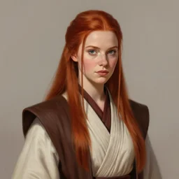 portrait of a woman by greg rutkowski, jedi princess knight, straight redhead with two strands around her face, jedi robes, star wars expanded universe, she is about 2 0 years old, elegant, graceful, wearing jedi robes, highly detailed portrait, digital painting, artstation, concept art, smooth, sharp foccus ilustration, artstation hq