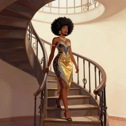 An African princess with an afro walking down a spiral staircase, 4k, digital art, illustration by Quentin Blake