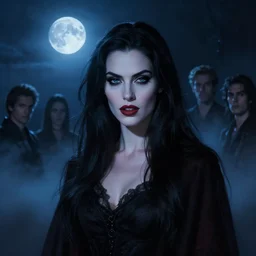 riveting charismatic brunette female vampire, portrait, atmospheric lighting, painted, intricate, dark night, mist, cold, volumetric lighting, beautiful, blue moon light, sharp focus, ultra detailed, by leesha hannigan, ross tran, thierry doizon, kai carpenter, ignacio fernandez rios