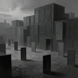 dystopian cyberpunk world, with doors everywhere, grey sky, monochrome except doors, concept art, matte painting, high detail, doors on floor, dark, buildings made of doors, large scale, digital painting, style of jordan grimmer, high res
