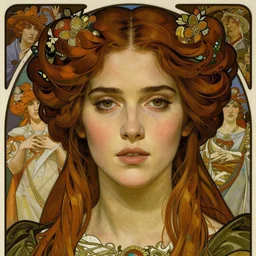 realistic detailed face portrait of Jennifer Connelly as a beautiful young medieval queen by Alphonse Mucha, Ayami Kojima, Amano, Charlie Bowater, Karol Bak, Greg Hildebrandt, Jean Delville, and Mark Brooks, Art Nouveau, Gothic Revival, Pre-Raphaelite, Neo-Gothic, gothic, rich deep moody colors, Art Nouveau