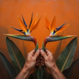 neo-surreal painting of very detailed veiny human hands holding Birds of Paradise flowers robert steven connett dramatic orange light 8k high angle shallow depth of field