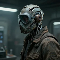 a half - masked rugged laboratory engineer man with cybernetic enhancements as seen from a distance, scifi character portrait by greg rutkowski, craig mullins, daytoner, 1 / 4 headshot, cinematic lighting, dystopian scifi gear, gloomy, profile picture, mechanical, cyborg, half robot, implants, dieselpunk