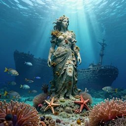 a overgrown statue at the bottom of the sea, fishes swimming, anemones and starfish, an old shipwreck, mc escher, gordon onslow ford, georgia o'keeffe and ivan aivazovsky, cinematic light, god rays, colourful, unreal engine, zbrush central,
