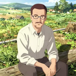 walter white sitting down anime style, countryside, calm, fantasy character portrait, dark outlines, dynamic pose, above view, sunny day, artwork by makoto shinkai, very coherent asymmetrical artwork, sharp edges, perfect face, simple form, 1 0 0 mm, wallpaper