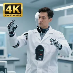 a robot mimicking the movements of a man in a scientific suit, photorealistic, 4K, !!!award-winning!!!