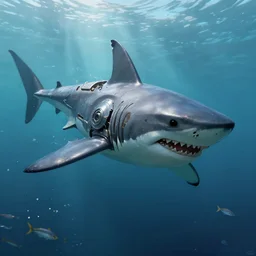 shark mech suit, swimming in the ocean with fish around it, diffuse lighting, fantasy, highly detailed, photorealistic, digital painting, artstation, illustration, concept art, smooth, sharp focus, in the style of tom bagshaw