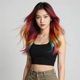 a award winning half body portrait of a beautiful woman with stunning eyes in a croptop and cargo pants with rainbow colored ombre hairstyle head in motion and hair flying singing by thomas danthony, outlined by whirling illuminated neon lines, outrun, vaporware, shaded flat illustration, digital art, trending on artstation, highly detailed, fine detail, intricate