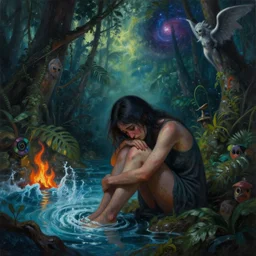 highly detailed surrealist painting of deep sadness alone, expressive emotional piece, trending on art station, emotional expression, lost in the jungle forrest tropical ocean fire water ice earth darkness light good evil angel demon galactic cosmic nebula