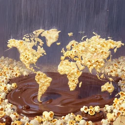 a surrealist painting of a world made out of food with popcorn rain and chocolate ponds, in the style of pixar, animation