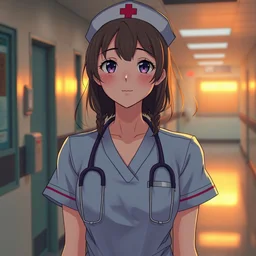 a film still of a cute nurse in nurse uniform, hospital ward, sunset lighting, perfect faces, max details, anime, realistic, by stephan koldi