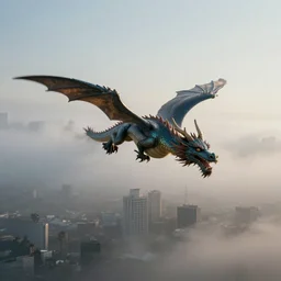 the luck dragon flying through a smog cloud over los angeles