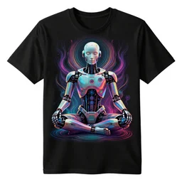 photo of a black tshirt with a hyperdetailed portrait of a futuristic psychedelic meditating robot, 8 k, symetrical, flourescent colors, halluzinogenic, multicolored tshirt art,