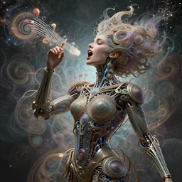 a singing woman with a mechanical song emerging from her 3 d hyperdimensional soul that is singing with cosmic fractals and polyphonic ecstasy, wild entangled pathways, electricity, intricate substructure, spiralpunk, ultra detailed, intricate details, ornate, hyperrealistic, octane render, inspired by ross tran & alan lee & james jean & android jones & william morris & ernst haeckel & alphonse mucha, unreal engine render, octane render