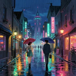 rainy street, final fantasy, glowing lights, epic fantasy, colorfully, digital art, highly saturated colors, concept art, detailed illustration, hd, 4 k, digital art, greg rutkowski, dan mumford, studio ghibli trending on artstation