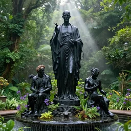 a statue of nyarlathotep and cthulhu atop a fountain in a lush dense verdant garden by caspar david friedrich and norman rockwell and ferdinand knab and gil elvgren, statue made of black obsidian, lovecraft, mist, hyperrealism, volumetric lighting, god rays, ultrafine details, sfumato, purple flowers, overgrown