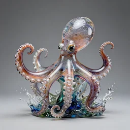 Sculpture, a octopus made of blown glass, elegant, intricate detail, a splash of color, a masterpiece, refracting light, pbr, path tracing, refraction
