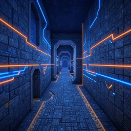 futurepunk dungeon, ancient stone tiling, blue and orange neon lines along the wall, bluestone walls, trending on artstation. minecraft 2 in - game screenshot. absurdly detailed curving hallway with doorways