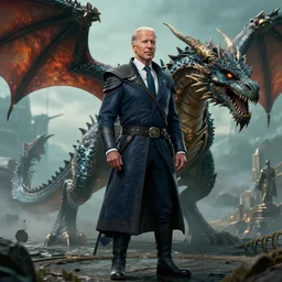 joe biden stand with dragon born in skyrim world. 8 k, hd, detailed.