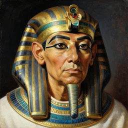 a closer hero portrait of a a very old egyptian priest with very piercing eyes, very charismatic. in old egypt. masterpiece, dramatic light and shadow, saturated colors, ciaroscuro. painted by carl larsson
