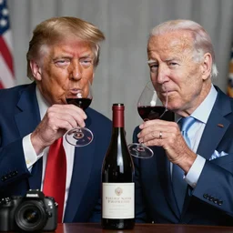 a close up portrait of Donald Trump and Joe Biden drinking wine, there's a bottle of wine on the table, DSLR photography, studio photograph