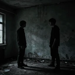 two shadows talking to each other in a dark abandoned room, eerie, creepy,