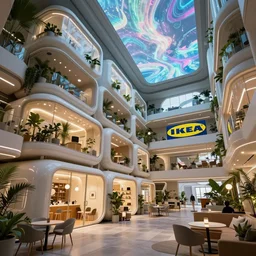 very wide cinematic shot inside a scifi combination of capsule hotel!! and shopping mall as ikea ad, modern lush condo as shopfront, terrarium lounge area, very tall cathedral ceiling with holographic mural of sky, detailed archviz render, archdaily, scifi artstation concept, comfy lighting, mass effect, fine details, unreal engine, hyperrealism, realistic shading, blender render
