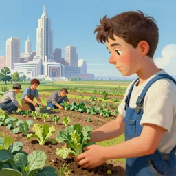 a mixed media closeup side profile portrait painting of a gardener in overalls planting a field of vegetable crops, minimalist, a ruined futuristic art deco city sits in the distance, by frank frazetta, greg rutkowski, beeple, yoko taro, christian macnevin, beeple, wlop and krenz cushart, epic fantasy character art, volumetric outdoor lighting, midday, high fantasy, cgsociety, cheerful colours, full length, exquisite detail, post - processing, masterpiece, cinematic