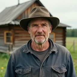 a cinematic headshot portrait of a farmer, stood outside a wooden cabin, by krenz cushart