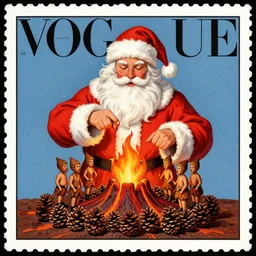 illustrated portrait vogue designer Santa Claus Sacrificing the Elves to a Volcano God Altar made of pinecones and fire kenny scharf heinrich lefler giorgio de chirico marc simonetti norman rockwell postcard stamp