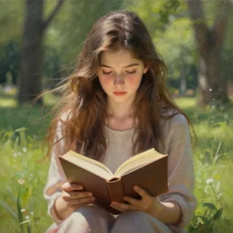 perfectly - centered - portrait of a girl reading a book, her hair flowing down, sitting in a park, intricate, highly detailed, digital painting, artstation, concept art, smooth, sharp focus, illustration, realism, oil painting, unreal engine 5, 8 k, art by artgerm and dave rapoza and sam spratt