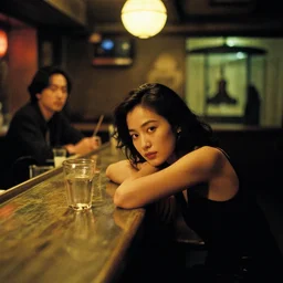 a girl leaning against the counter in a night club staring at the camera, photograph by Wim Wenders and Wong Kar-wai and Edward Hopper