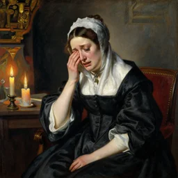 a renaissance oil painting portrait by alma tadema of a mourning widow crying in sorrow in a dark room surrounded by candles, colourful pastel, detailed academic bouguereau, sharp focus