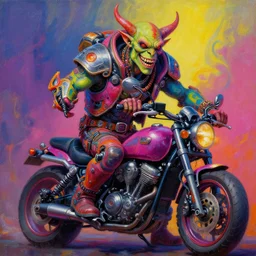 a portrait of a scifi post apocalyptic orc biker, psychedelic vibrant colors, futuristic punk rock fashion, oil painting by michael whelan art, sharp focus, devilish grin, realistic, highly detailed, 8 k