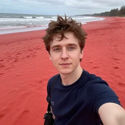 vitalik buterin on a red beach taking a selfie