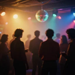 a 2 8 mm macro photo of people at a colorful discotheque in silhouette in the 1 9 7 0 s, bokeh, canon 5 0 mm, cinematic lighting, dramatic, film, photography, golden hour, depth of field, award - winning, 3 5 mm film grain, low angle