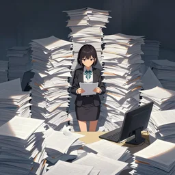 giant piles of paperwork swallow secretary, unreal engine, visual novel, dichromatism, hard lighting