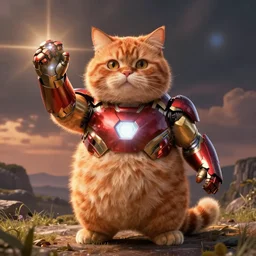 fat orange cat as iron man, robert downey jr, avengers endgame, landscape, infinity gauntlet, snap, dramatic lighting, film still