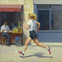 blond lady with red and blue sneakers running through israel, running by salsa vendor, oil on canvas by edward hopper