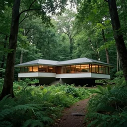 a mysterious house in a mysterious lush forest, design by frank lloyd wright, large,