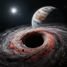 in the foreground one colored black hole in the center eating a planet, space in the background , photorealistic, hyperrealism, cinematic