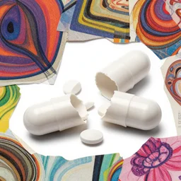 a pill capsule breaking apart, psychedelic, mixed media collage, by nat girsberger and hannah hoch