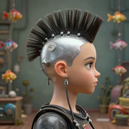 side portrait of a tin toy punk girl with a mohawk, cables attached to her head, nicoletta ceccoli, mark ryden, lostfish, max fleischer, depth of field, detailed and intricate environment, 8 k resolution, hyperrealistic, octane render