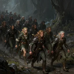 The army of elves marching through the dark world, elegant, volumetric lighting, digital painting, highly detailed, artstation, sharp focus, illustration, concept art, ruan jia, steve mccurry