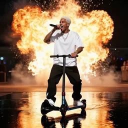 scooter rapper baxxter with white hair standing in water shouting in the microphone with explosion and flames in background, full body, white shirt, black pants, reflection in water, volumetric lighting, detailed eyes, dynamic pose, golden ratio