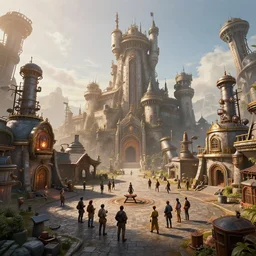 gathering at the gallows at the courtyard of a robust dieselpunk futuristic fantasy castle, calming, uplifting mood, ultra realistic, factory, funny, small buildings, highly detailed, epic lighting, illuminated, cinematic, morning, art by eddie mendoza