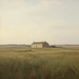A serene landscape with a singular building in the style of John Berkey.