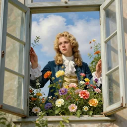 medium - shot, young handsome man 1 7 years old, golden hair, flowers, in 1 8 th century clothes, flowers, by the open window, clouds, flowers, sharp focus, highly detailed, digital art, oil painting, masterpiece, artgerm, rutkowski, mucha, kojima, kinkade