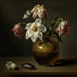 isopods crawling near flower vase, dutch golden age still life, withered flowers, roley poley, pill bug, otto marseus van schrieck still life, dutch golden age painting, dramatic lighting, cinematic lighting, willem van aelst still life, elias van den broeck painting still life, christiaen striep still life, rachel ruysch flowers, oil on canvas,