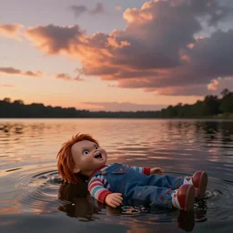 highly detailed digital photo of sunset clouds with a calm lake in the background and a screaming chucky doll swimming ashore by greg rutkowski cinematic 3 5 mm